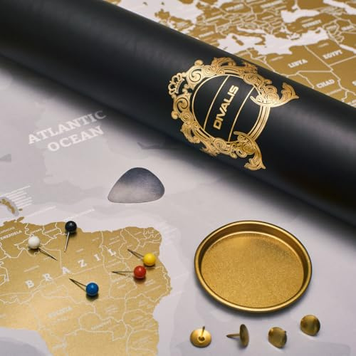 Extra stor skrapbar världskarta vit/guld – tillbehör ingår – världskarta att skrapa av för resenärer – skrapkarta för avskrapning – presentidé för resor – Scratch off World Map