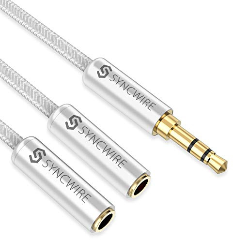 Syncwire Audio Y splitterkabel - 23 cm ljuddelare - 3,5 mm hane till 2X hona nylon hörlurar dubbla pluggar för Apple, Samsung, smartphones, hörlurar, högtalare och mer - Silver