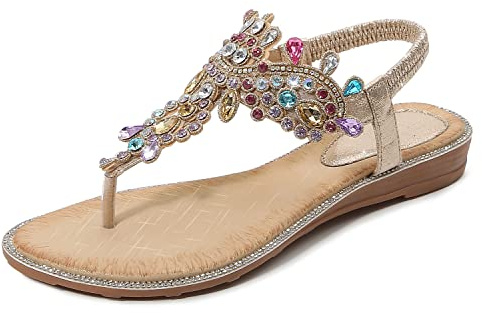 iCKER Women Rhinestone Sandals T-Strap Buckle Bohemian Pearl Crystal Flat Sandals-PD01-Gold-8