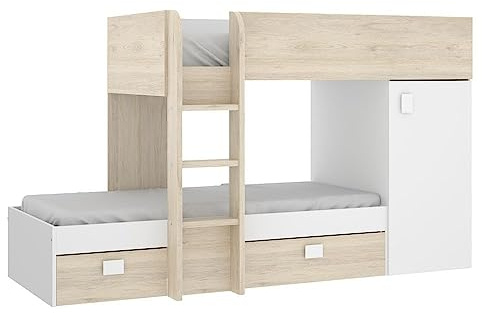 DEKIT GRUPO RIMOBEL MOVE - Cama tren para dormitorio con doble montaje y con dos camas - Blanco / Natural - 191x150x255 cm