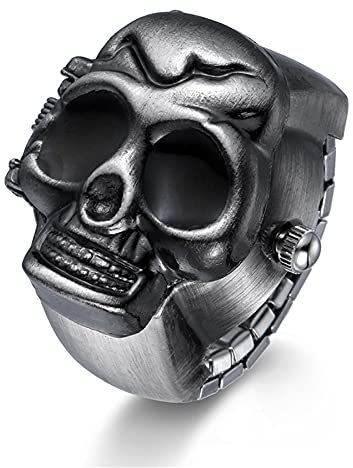 JewelryWe Herren Ringuhr Fingeruhr Analog Quarz Uhr Elastisch Totenkopf Schädel Ring Band Edelstahl Uhr Uhrenring