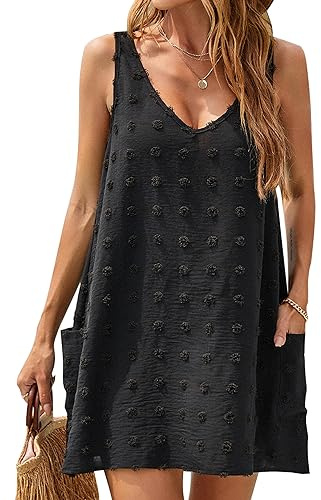 Blooming Jelly Womens Casual Sun Summer Dresses Sexy Swimsuit Cover Up V Neck Sleeveless Dress (Large, Black)