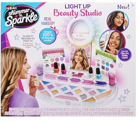 CRA-Z-ART Shimmer and Sparkle Light up Beauty Studio with selfie ring Makeup set for children Play makeup Gift ideas for girls Safe and non-toxic mkeup