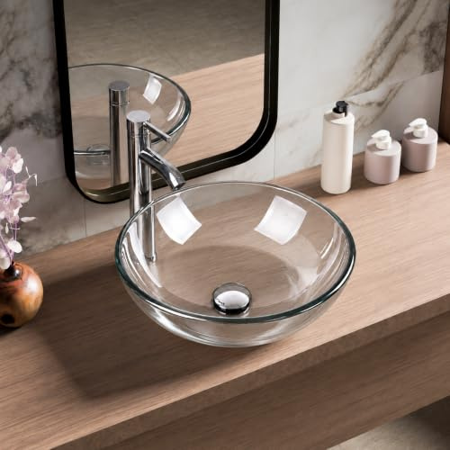 BELOFAY Modern Glass Design Bathroom Counter Top Wash Basin Sink, Glass Bowl Cloakroom Basin for Vanity Cabinet, Toilets and Bathrooms with Tap, Pop up Waste and Plastic Bottle Trap