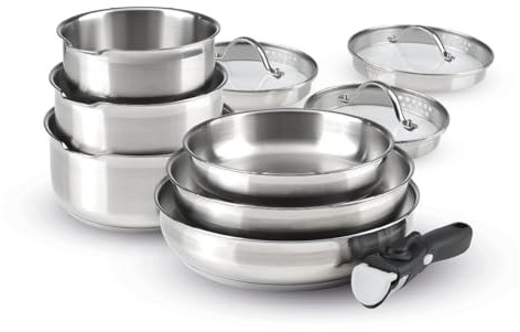 Qdesign - Batterie de Cuisine à Induction 10 Pièces - Set de 3 Casseroles, 3 Poêles et 3 Couvercles Passoires avec Poignée Amovible - Acier Inoxydable - Lot pour Tout Feu - Argenté