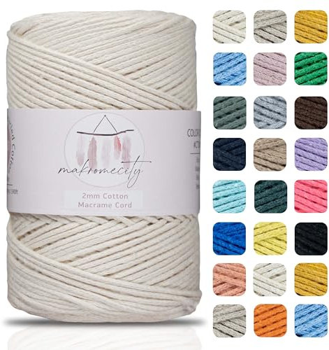 Makromecity, Cotton Macrame Cord 2mm x 195 Yards (590 feet) 2mm Recycled Cotton Crochet Yarn for Macrame Art & Crafts for Wall Hangings, Bags, Underplate, Rug (25 Colors Available) (Ecru)