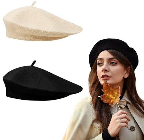 XNIVUIS 2 Stück Baskenmütze, Klassisch Plain Französischer Stil Barett, Damen Baskenmütze, Barett, Damenmütze, Klassishe Künstler Barrett, Wintermütze Barett, Einheitsgröße (Schwarz, Weiß)