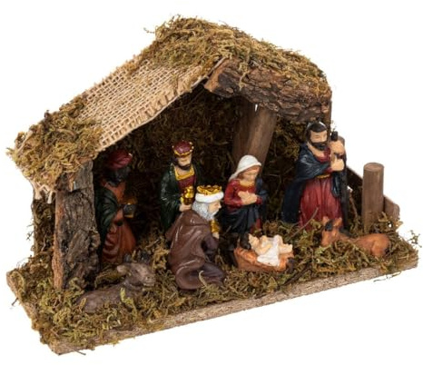 Feeric Lights et Christmas - Crèche de noël à LED avec 7 santons 20x13cm résine et Bois