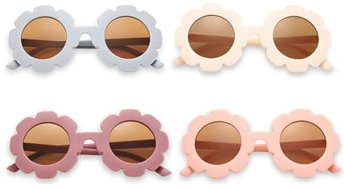 Zyael Lot de 4 paires de lunettes de soleil rondes colorées pour enfants avec motif tournesol, protection UV 400, monture flexible pour garçons et filles, sports de plein air, Blanc, rose, violet