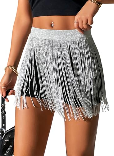 Gonna da Donna con Nappa – Festival Accessori Rave Outfit Moda Punk Frange gonne Sexy Mini Gonna Techno Skort Cintura Gotica Cintura da Sci Donna Spiaggia Tankini, Argento Glitterato, S