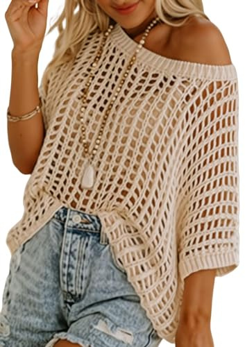 Chicrise Top Mujer Ganchillo Cuello Redondo Cover Up Rejilla Chic Camiseta Punto Casual Negr Grande 42-44