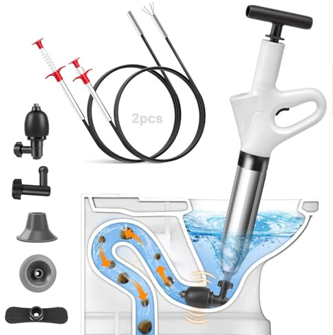 Deboucheur WC, 4-en-1 à Air Comprimé Ventouse Haute Pression Piston Puissant, Toilette/Évier/Baignoire, Anti-Bouchons Cheveux/Papier, avec 3 Têtes Remplaçables + Baromètre + Gonfleur