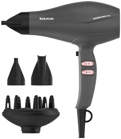 Taurus – Secador Fashion 2600 Ionic | 2600W | 6 ajustes de Velocidad/Temperatura | Motor AC | Ionic Care | Aire frío | Accesorios: concentrador y difusor | Negro