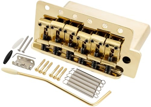 Musiclily Ultra 52.5mm(2-1/16 inch) American Vintage Style 6-Screw ST Tremolo Bridge with Steel Bent Saddles 42mm Solid Brass Block Push-In Arm for Strat Style Electric Guitar, Gold