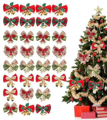 30 pcs Lazos Navidad para Árbol de Navidad,Mini Adornos de lazo de a Cuadros de Decoración Festivas Navidad Adornos Navideños,para Coronas Navideñas Decoración de árboles de Navidad de año Nuevo
