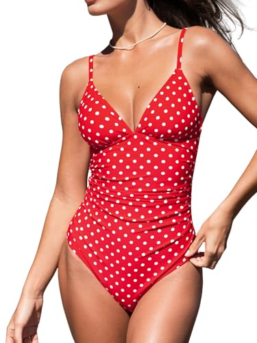 CUPSHE Traje de baño de una pieza para mujer con control de abdomen y cuello en V, Lunares rojos y blancos, Large