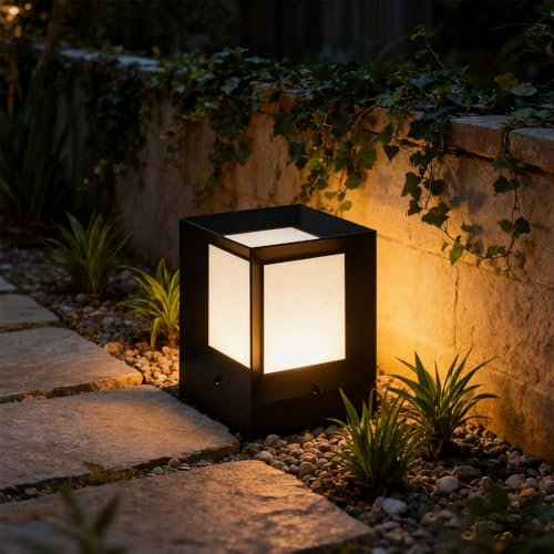 TkTsjtle Farolas de exterior IP54, lámpara de pie impermeable, luces de pilar vintage de aluminio negro con casquillo E26 y pantalla de acrílico esmerilado para decoración, valla, terraza, jardín.