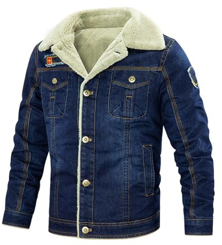 Juankrynord Chaqueta Vaquera Forrada de Lana para Hombre, diseño Retro, Chaqueta de Trabajo cálida de Lana, Botones en la Parte Delantera, Cuello, Abrigo Vaquero transicional.