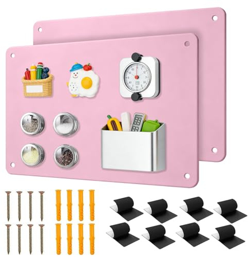Magnettavla magnetisk tavla av metall, 43 x 30 cm magnetisk tavla för vägg, magnetisk vägg för att fästa foton, anteckningar och resemagnet, magnetisk anslagstavla för kontor, kök, kylskåp (rosa – 2