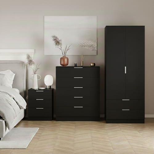 Vida Designs Trega 3 Piece Bedroom Set (3 Drawer Bedside Chest, 5 Drawer Chest, 2 Door 2 Drawer Wardrobe) Black