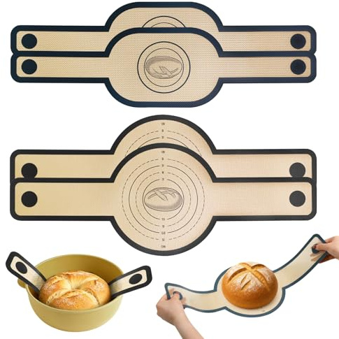 Brödslinga för holländsk ugn, set om 4, BPA-fri, återanvändbar och non-stick | Bakmatta i silikon bröd för ugn och bröd, värmebeständig upp till 250°C, diskmaskinssäker, 18 cm långa handtag för surdeg