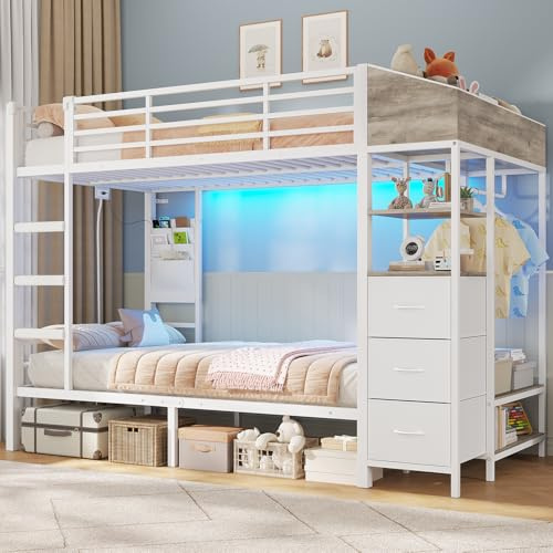 AOGLLATI Lit Superposé Enfant avec Éclairage LED et 4 Ports USB, Lit Mezzanine 2 Places avec 4 Étagères, Tringle, Sac, 3 Tiroirs et 2 Niche en Tissu, Lit Enfant 90x200 en Métal pour Familles Nombreux