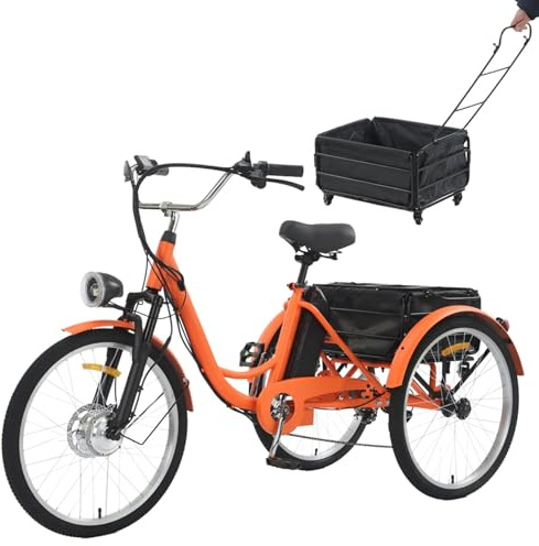 HZWJD Bicicleta Eléctrica,Triciclo Eléctrico para Adultos,con Batería Extraíble De 36 V Y 13 Ah,Bicicleta Eléctrica De 3 Ruedas con Cesta Grande,Capacidad De Carga De 160 Kg Orange