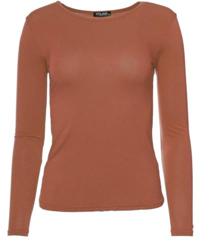 Easy Young Fashion - Damen Basic Rundhals Shirt - Langarm Unterziehshirt - Skinny Fit 1093 - Terracotta M