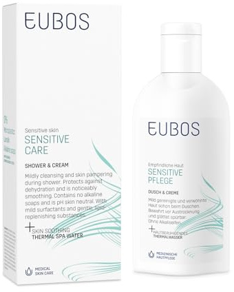 DUCHA & CREMA DE EUBOS CUIDADO SENSIBLE: la loción de lavado que cuida en la ducha | Para pieles sensibles | Con agua termal que calma la piel | Vegana | 200ml