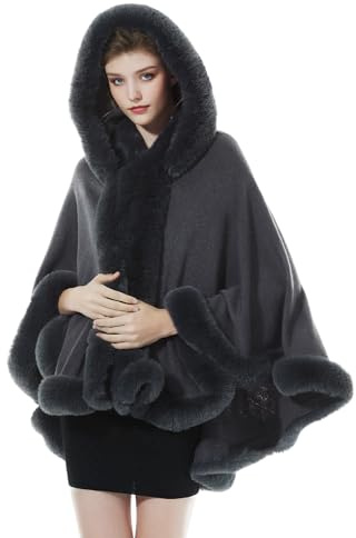 BEAUTELICATE Poncho Mantella di Pelliccia Sintetica con Cappuccio Donna Stola Scialle Cardigan Caldo Lavorata a Maglia con Collo per Invernale Nozze Matrimonio Festa (Grigio con Collo,Ttaglia Unica)
