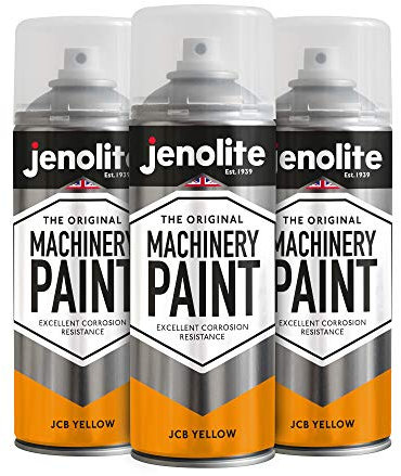 JENOLITE Pintura en aerosol para maquinaria y cortacésped, color amarillo JCB, pintura en aerosol multisuperficie, resistente a la corrosión para un acabado duradero, 3 unidades de 400 ml
