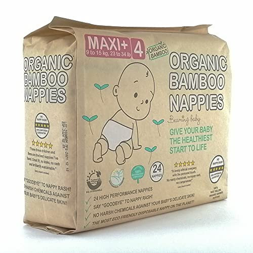 Beaming Baby Organic Bamboo Nappies Size 4, Maxi Plus, 5 Packs of 24 Bamboo Eco Nappies. Eco Friendly Bamboo Diapers for Your Beautiful Baby 6 to 12 Months