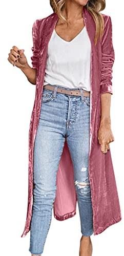 Abrigo de terciopelo para mujer de manga larga con parte delantera abierta Blazer Ocio Otoño Invierno Outwear Ligero Elegante Chaqueta monocromática, Rosa intenso., S