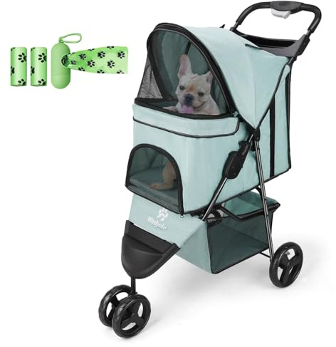 AESRAOU Haustier-Kinderwagen, faltbar, für Katzen/Hunde, mit Aufbewahrungskorb und Getränkehalter, 3 Räder, für Hunde und Katzens, für kleine oder mittelgroße Hundes, Katzen, Welpen (Blaugrün)