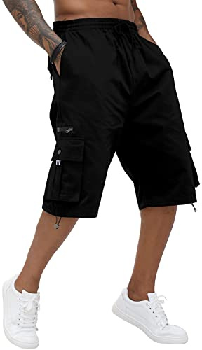 Pantalones cortos cargo de algodón para hombre, cintura elástica, pantalones capri hasta la rodilla con múltiples bolsillos, Negro, 46