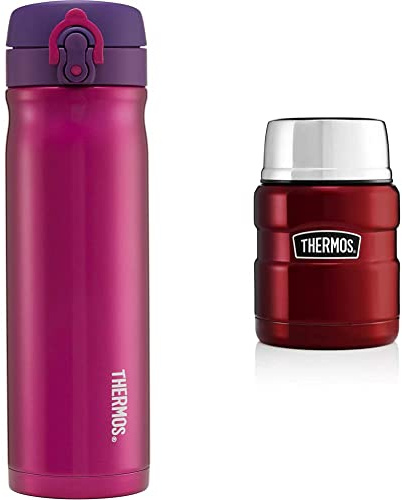 Thermos Stainless Steel Direct Drink Flask, 500 ml - Pink & 184807 Stainless King Food Flask, Cranberry Red, 0.47 L