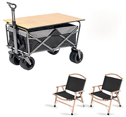 ASUMUI Tragbarer Strandwagen für den Außenbereich, zusammenklappbarer Wagen, Verstellbarer Rollwagen mit großen Rädern/Zwei Stühlen/Desktop, für Strand, Einkaufen (Black)