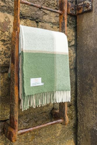 Tweedmill Lifestyle Block Check Throw/Blanket 100% Pure New Wool Olive Green 150x183cm Made in the UK