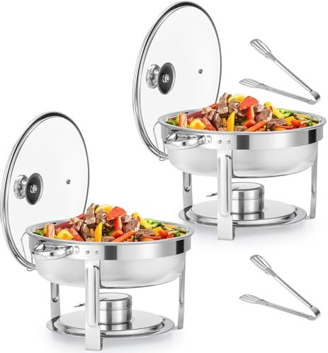 Wilprep 2 PCS Calentadores de Comida para Buffet de Acero Inoxidable Redondo 5,5 L Calentador de Buffet con Tapa de Vidrio, Bandeja de Calefacción, Chafing Dish para Restaurantes, Catering, Bodas