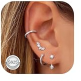 FIOROYAL Sterling Silver Earrings Set for Women Girls- 4 Pairs 14K Gold Plated Earrings Stacks for Multiple Piercings, Hypoallergenic Small Silver Hoops Ear Cuff Stud Earring Set Silver