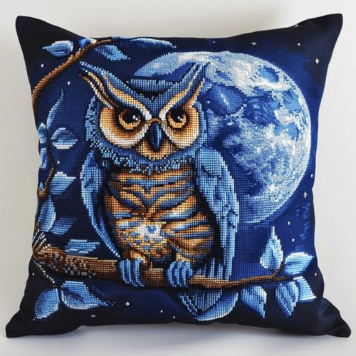 DIY knüpfen set erwachsene Anime Tiere knüpfkissen set Eule und Mond Kits zur Herstellung von Kissenbezügen，DIY-Häkelgarn-Kits，Stick-Kits，Kits zur Herstellung von Kissenbezügen/Kissenbe 43x43cm