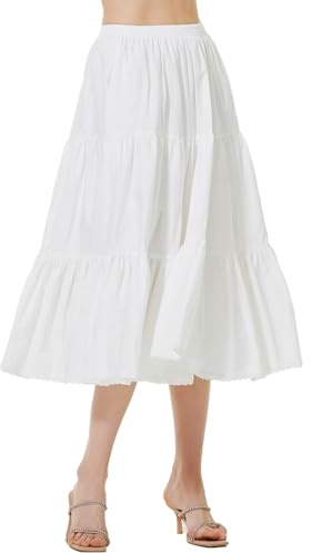 BEAUTELICATE Women's Maxi Tiered Skirt Midi Swing Skirt Pure Cotton Vacation Boho Long Skirt Stylish Casual Full Circle Summer Skirt with Lace Trim Pockets