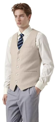 Bofan Men Suit Vest Linen Beige Groomsmen Dress Vest Summer Casual Men Beach Wedding Waistcoat L