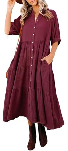 R.Vivimos Women's Summer Cotton Half Sleeves Button Down Casual Loose Slit Midi Dress with Pockets (Small, Wine Red)