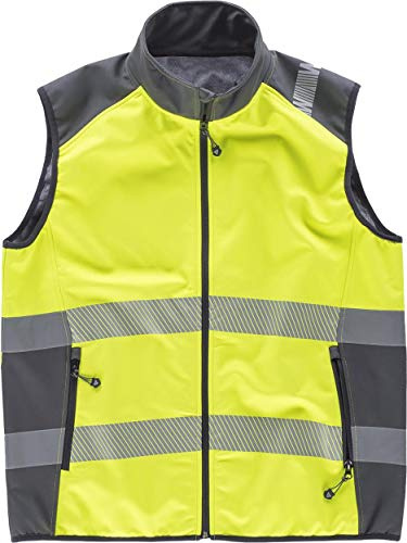 WORKTEAM Chaleco Softshell de Trabajo Alta Visibilidad, Cintas Reflectantes Discontinuas, Cortavientos, Impermeable e Interior de Alta Capacidad Térmica. Unisex Amarillo M
