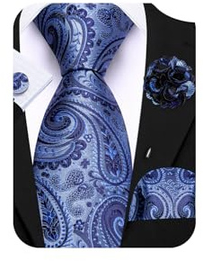 Barry.Wang Blue Paisley Tie and Lapel Pin Set 63 Silk Extra Long Necktie Pocket Square Cufflinks Wedding Party
