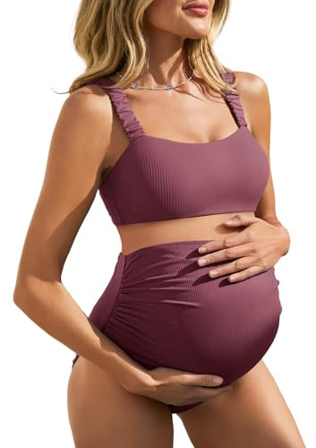Summer Mae Traje de baño de maternidad acanalado para mujer, de cintura alta, traje de baño de dos piezas, parte superior corta, traje de baño de embarazo, Marsala, 16