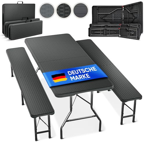 Blumtal Bierzeltgarnitur 3er Set - 2X Bierbank + 1x Biertisch - tragstarke Biertischgarnitur klappbar für 8 Personen - Bierbankgarnitur mit Tragegriff - Biergartengarnitur in Rattan-Optik Schwarz
