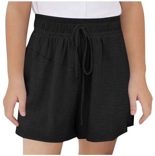KODMNSW Short d'été pour fille - Léger - Pour loisirs - Taille élastique - Confortable et respirant - Avec cordon de serrage - 3-14 ans, 06 noir., 13-14 ans