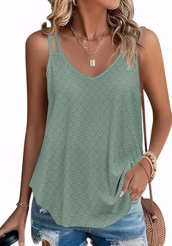 Sukiglam Camiseta sin Mangas Mujer Verano Doble Tirantes Camisetas Holgado Transpirable Malla Chalecos Top Sexy con Cuello en V Elegante Blusa sin Espalda Casual Vacaciones Tank Top Elástica